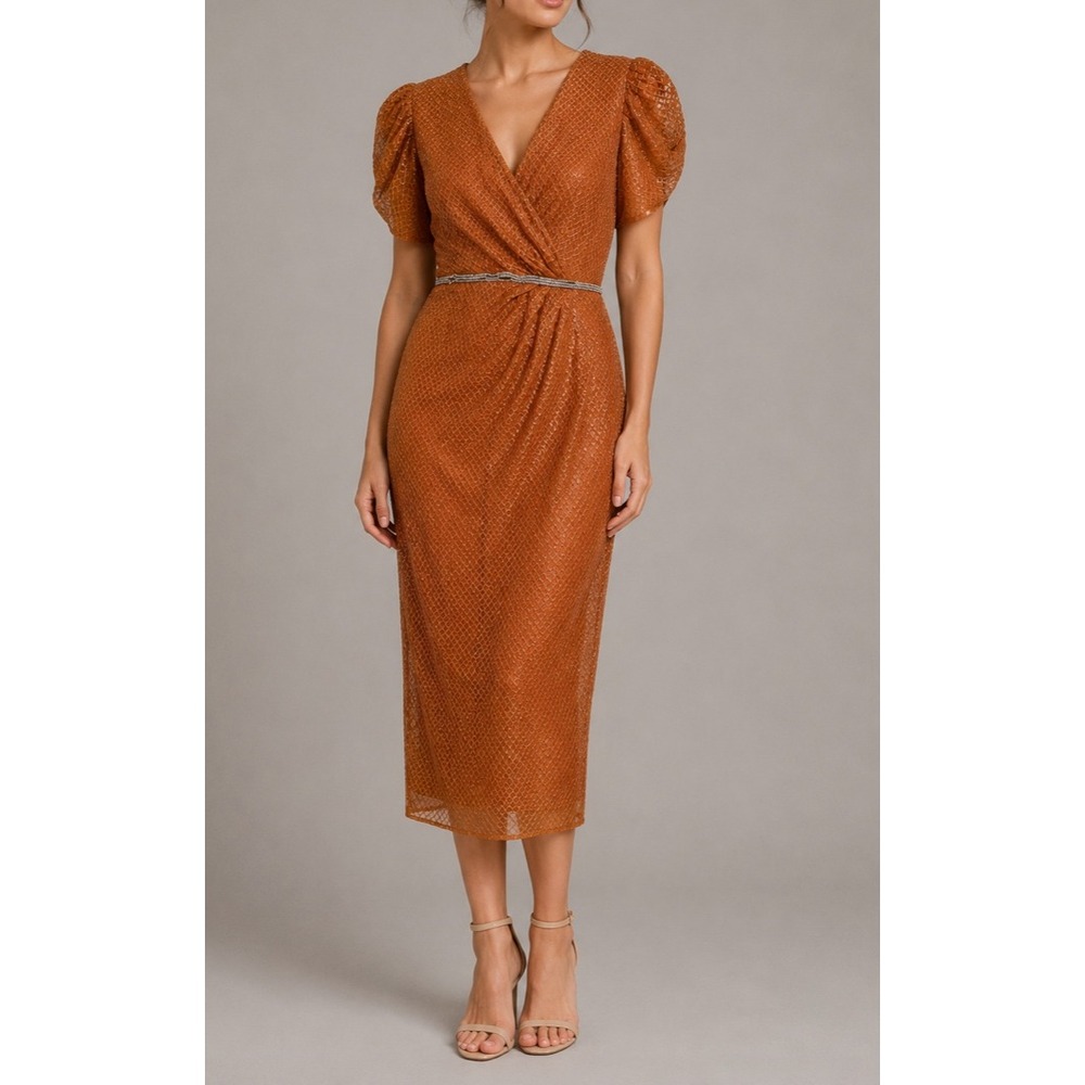 NEW Mac Duggal 93674 Copper Beaded Lattice Midi Dress Rhinestone Belt Size 6
